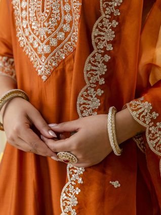 Rust Embroidred Kurta Sets with Sequins Work Women Suits