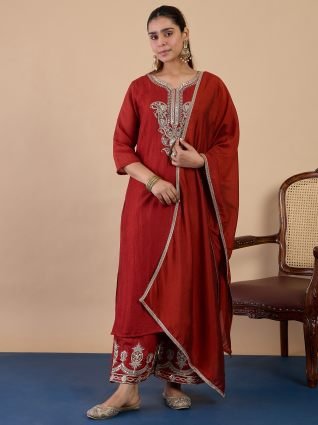 Rust Festive Zari Work Kurta Set with Border Dupatta