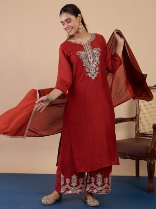 Rust Festive Zari Work Kurta Set with Border Dupatta