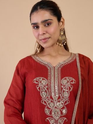 Rust Festive Zari Work Kurta Set with Border Dupatta