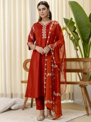 Rust Orange Festive Straight Kurta with Embroidered Neckline
