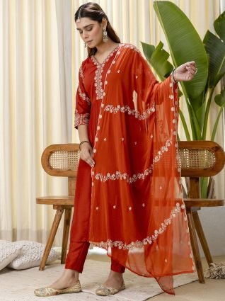 Rust Orange Festive Straight Kurta with Embroidered Neckline