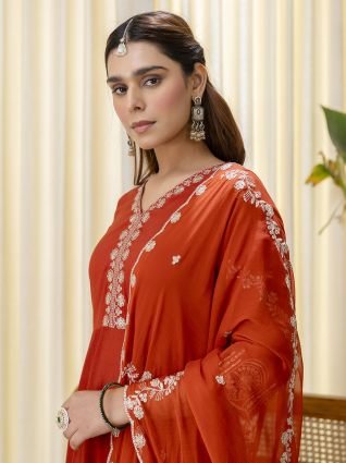 Rust Orange Festive Straight Kurta with Embroidered Neckline