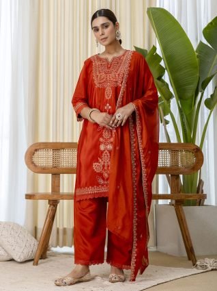 Rust Silk Blend Festive Kurta Set with Heavily Embroidered Yoke