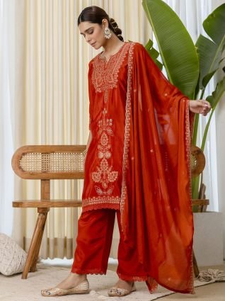 Rust Silk Blend Festive Kurta Set with Heavily Embroidered Yoke
