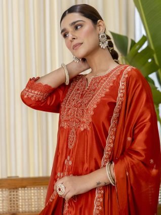 Rust Silk Blend Festive Kurta Set with Heavily Embroidered Yoke