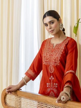 Rust Silk Blend Festive Kurta Set with Heavily Embroidered Yoke