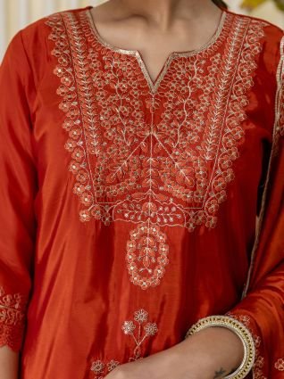 Rust Silk Blend Festive Kurta Set with Heavily Embroidered Yoke