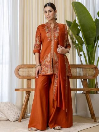  Rust Silk Blend Short Kurta Palazzo Set with Scalloped Dupatta