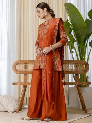 Rust Silk Blend Short Kurta Palazzo Set with Scalloped Dupatta