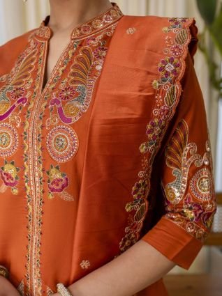 Rust Silk Blend Short Kurta Palazzo Set with Scalloped Dupatta