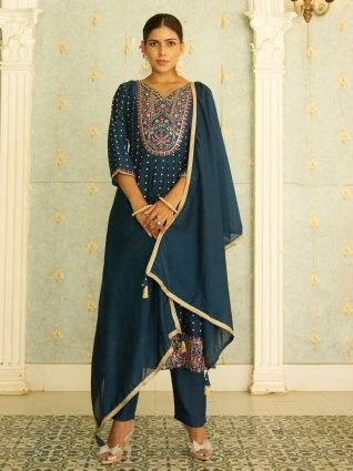Silk Blend Anarkali Kurta Set Elegant Readymade Embroidered Fancy Neck Three Quarter Sleeves With Pant Dupatta Set