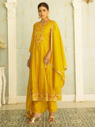 Silk Blend Anarkali Kurta Set Elegant Readymade Embroidered Fancy Neck Three Quarter Sleeves With Pant Dupatta Set 