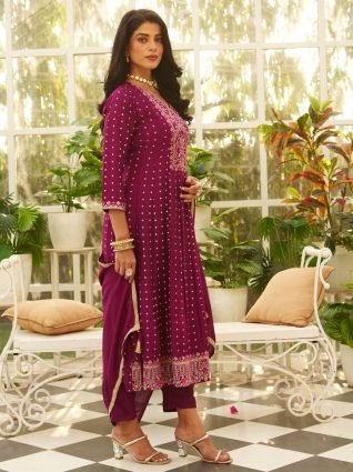 Silk Blend Anarkali Kurta Set Elegant Readymade Embroidered Fancy Neck Three Quarter Sleeves With Pant Dupatta Set