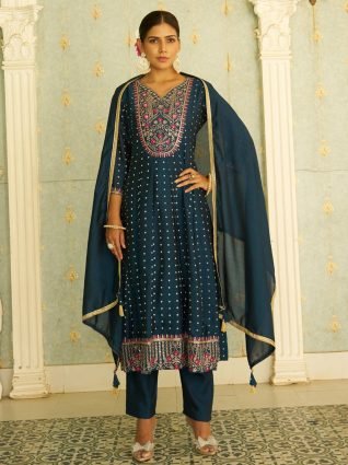 Silk Blend Anarkali Kurta Set Elegant Readymade Embroidered Fancy Neck Three Quarter Sleeves With Pant Dupatta Set