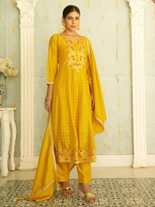 Silk Blend Anarkali Kurta Set Elegant Readymade Embroidered Fancy Neck Three Quarter Sleeves With Pant Dupatta Set