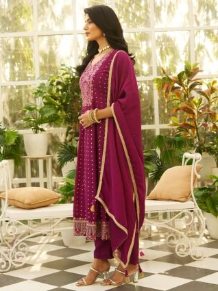 Silk Blend Anarkali Kurta Set Elegant Readymade Embroidered Fancy Neck Three Quarter Sleeves With Pant Dupatta Set