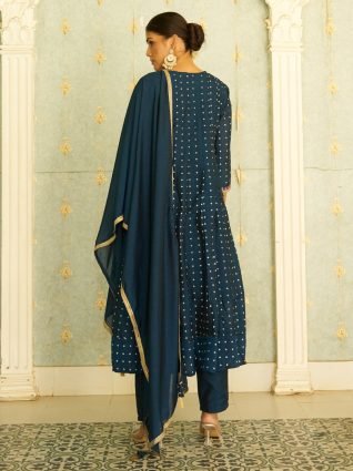 Silk Blend Anarkali Kurta Set Elegant Readymade Embroidered Fancy Neck Three Quarter Sleeves With Pant Dupatta Set