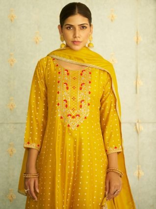Silk Blend Anarkali Kurta Set Elegant Readymade Embroidered Fancy Neck Three Quarter Sleeves With Pant Dupatta Set