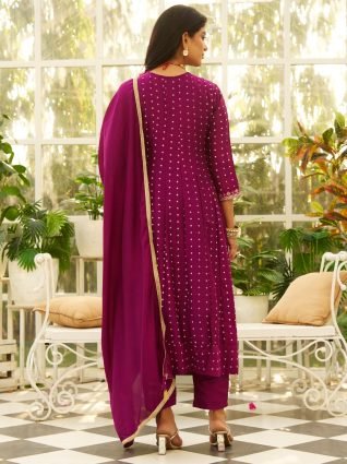 Silk Blend Anarkali Kurta Set Elegant Readymade Embroidered Fancy Neck Three Quarter Sleeves With Pant Dupatta Set