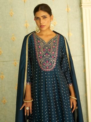 Silk Blend Anarkali Kurta Set Elegant Readymade Embroidered Fancy Neck Three Quarter Sleeves With Pant Dupatta Set