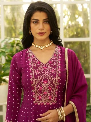 Silk Blend Anarkali Kurta Set Elegant Readymade Embroidered Fancy Neck Three Quarter Sleeves With Pant Dupatta Set