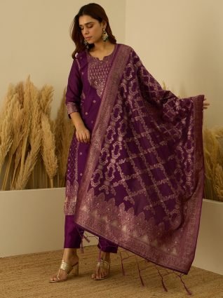  Silk Blend Banarasi Jacquard Zari Woven Straight Kurta Pant with Dupatta Set