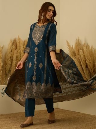  Silk Blend Banarasi Jacquard Zari Woven Straight Kurta Pant with Dupatta Set