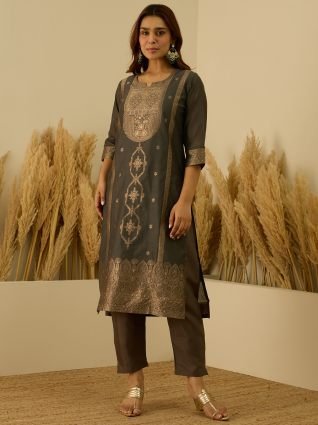 Silk Blend Banarasi Jacquard Zari Woven Straight Kurta Pant with Dupatta Set