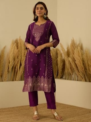 Silk Blend Banarasi Jacquard Zari Woven Straight Kurta Pant with Dupatta Set
