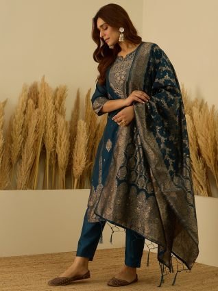 Silk Blend Banarasi Jacquard Zari Woven Straight Kurta Pant with Dupatta Set