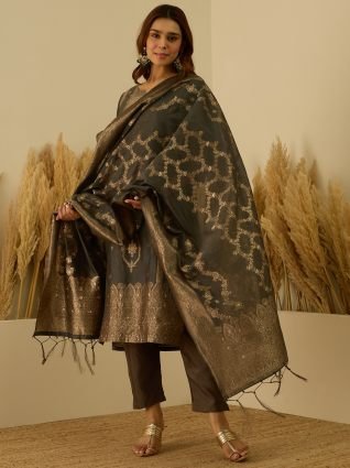 Silk Blend Banarasi Jacquard Zari Woven Straight Kurta Pant with Dupatta Set