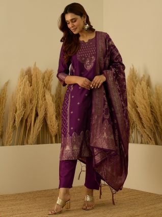 Silk Blend Banarasi Jacquard Zari Woven Straight Kurta Pant with Dupatta Set