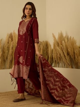 Silk Blend Banarasi Jacquard Zari Woven Straight Kurta Pant with Dupatta Set