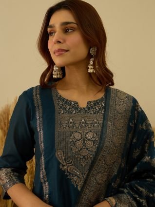 Silk Blend Banarasi Jacquard Zari Woven Straight Kurta Pant with Dupatta Set