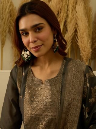 Silk Blend Banarasi Jacquard Zari Woven Straight Kurta Pant with Dupatta Set