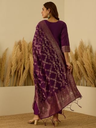 Silk Blend Banarasi Jacquard Zari Woven Straight Kurta Pant with Dupatta Set