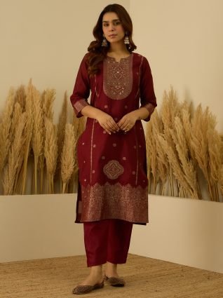 Silk Blend Banarasi Jacquard Zari Woven Straight Kurta Pant with Dupatta Set
