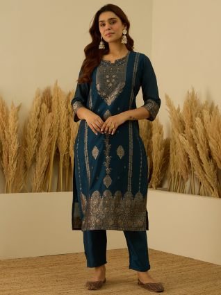 Silk Blend Banarasi Jacquard Zari Woven Straight Kurta Pant with Dupatta Set