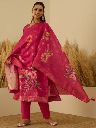 Silk Blend Embroidered Straight Kurta Set with Trousers   Dupatta