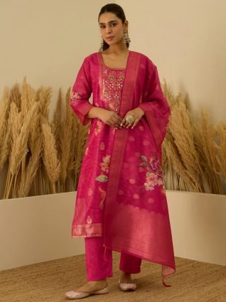 Silk Blend Embroidered Straight Kurta Set with Trousers   Dupatta