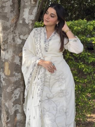 Silk Blend Embroidered Straight Kurta Set with Trousers   Dupatta