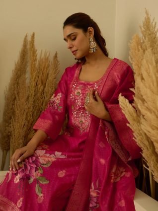 Silk Blend Embroidered Straight Kurta Set with Trousers   Dupatta