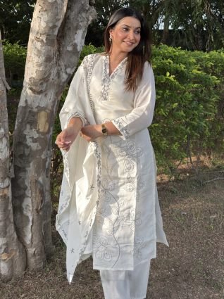 Silk Blend Embroidered Straight Kurta Set with Trousers   Dupatta