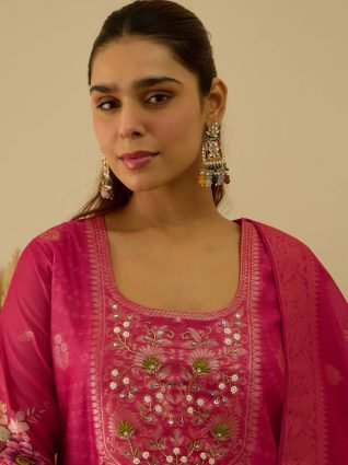 Silk Blend Embroidered Straight Kurta Set with Trousers   Dupatta