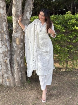 Silk Blend Embroidered Straight Kurta Set with Trousers   Dupatta