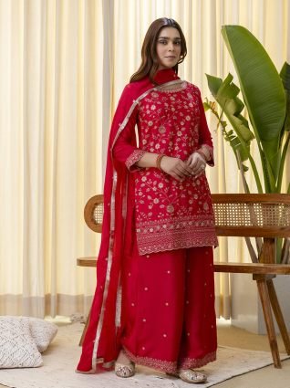 Silk Blend Embroidered with Sequins Straight Kurta Palazzo Dupatta Set