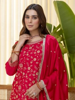 Silk Blend Embroidered with Sequins Straight Kurta Palazzo Dupatta Set