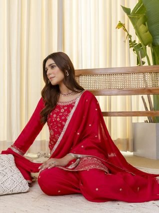 Silk Blend Embroidered with Sequins Straight Kurta Palazzo Dupatta Set