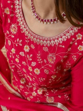 Silk Blend Embroidered with Sequins Straight Kurta Palazzo Dupatta Set